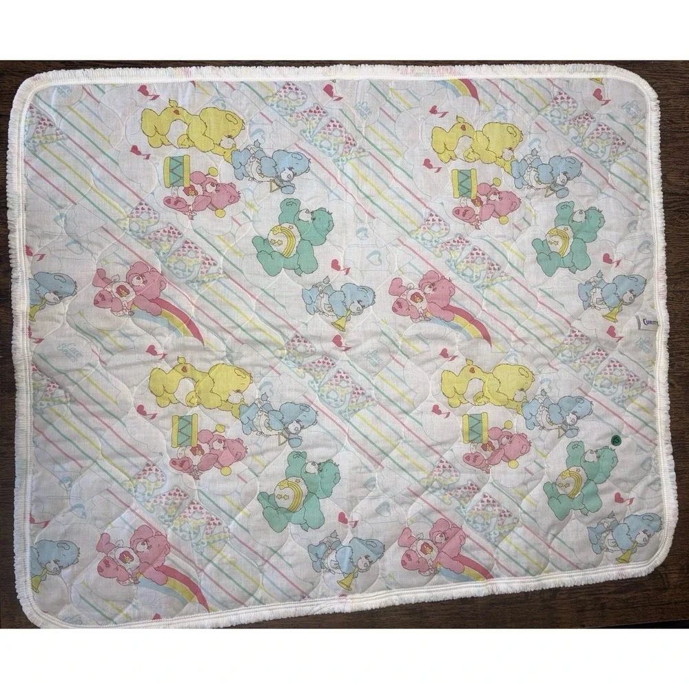 Vintage 1980s Curity Care Bears Quilted Pastel Music Baby Blanket